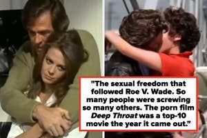 Two couples embrace in separate scenes. Text discusses the influence of Roe v. Wade, the film "Deep Throat," and "Bob & Carol & Ted & Alice."