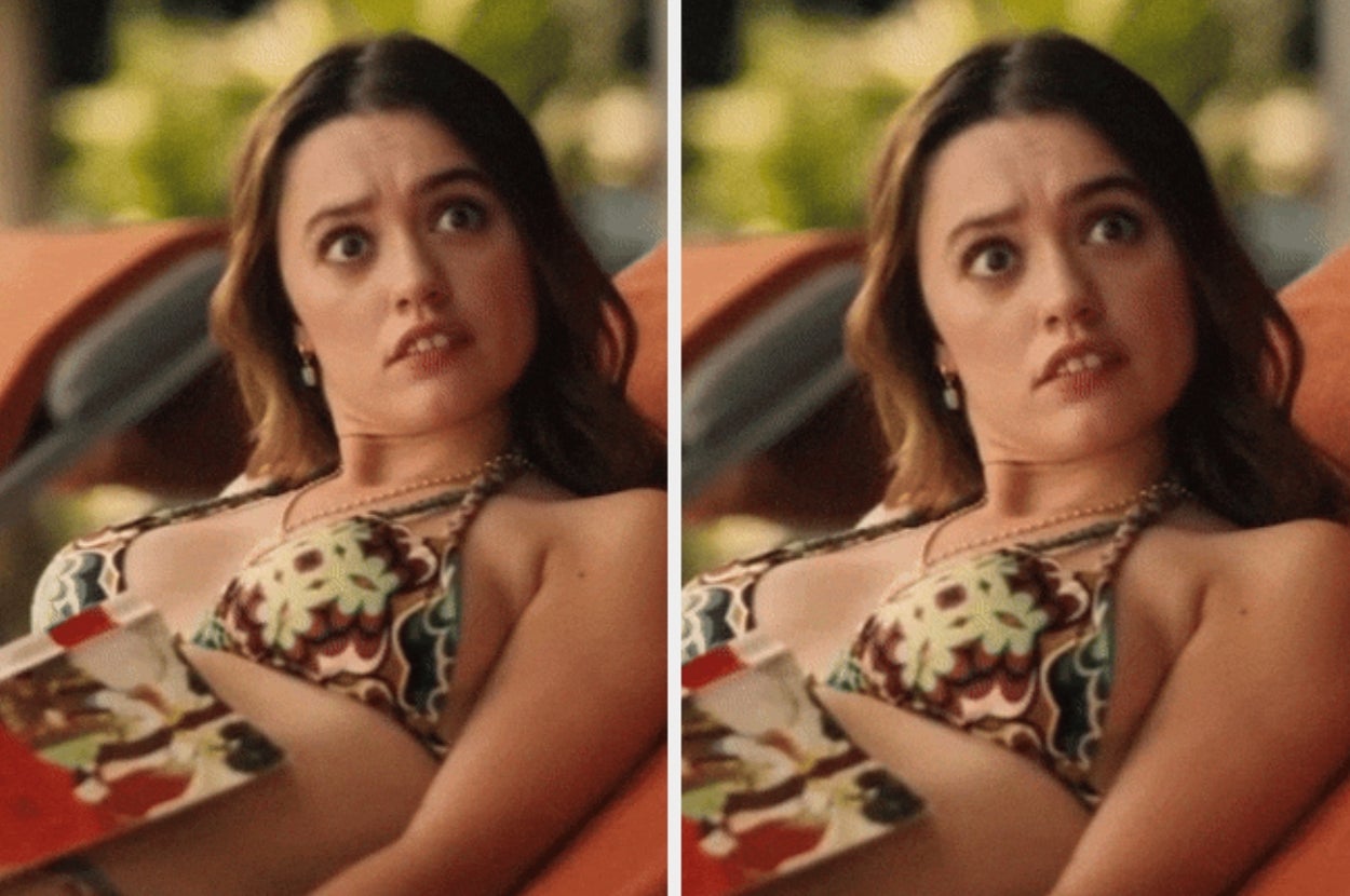 A woman reclines outdoors, looking surprised while holding a magazine. Her expression is mirrored in a side-by-side image