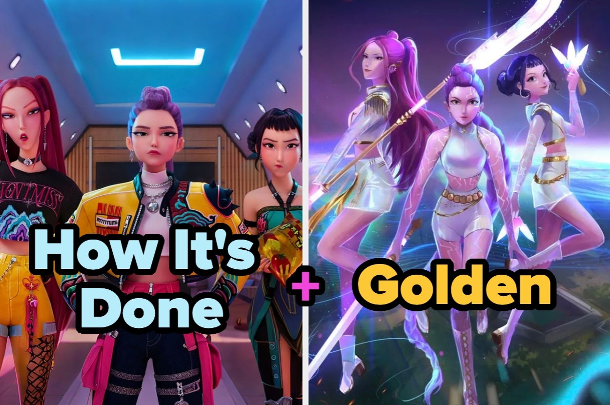 Imagen dividida: a la izquierda, personajes animados en atuendo urbano; a la derecha, en atuendos futuristas brillantes. Texto: "How It's Done + Golden"