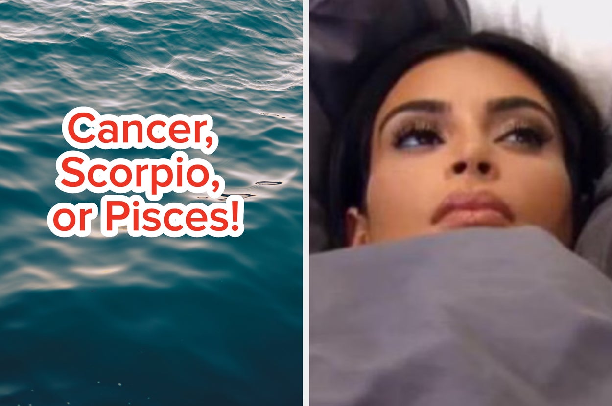 Split image: Left shows text "Cancer, Scorpio, or Pisces!" with ocean background; right shows a person lying down, looking contemplative