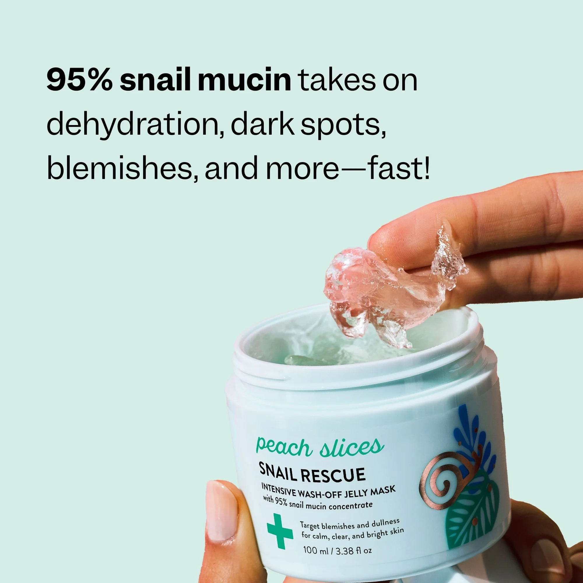 Hand holding a jelly mask tub labeled "Peach Slices Snail Rescue," highlighting snail mucin benefits for skin issues.