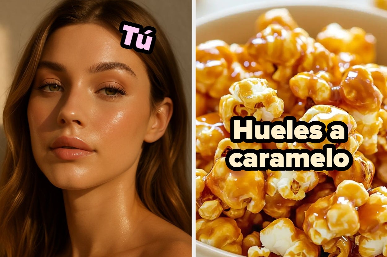 Dos imágenes: una mujer con maquillaje suave y texto "Tú"; tazón de palomitas caramelizadas con texto "Hueles a caramelo"