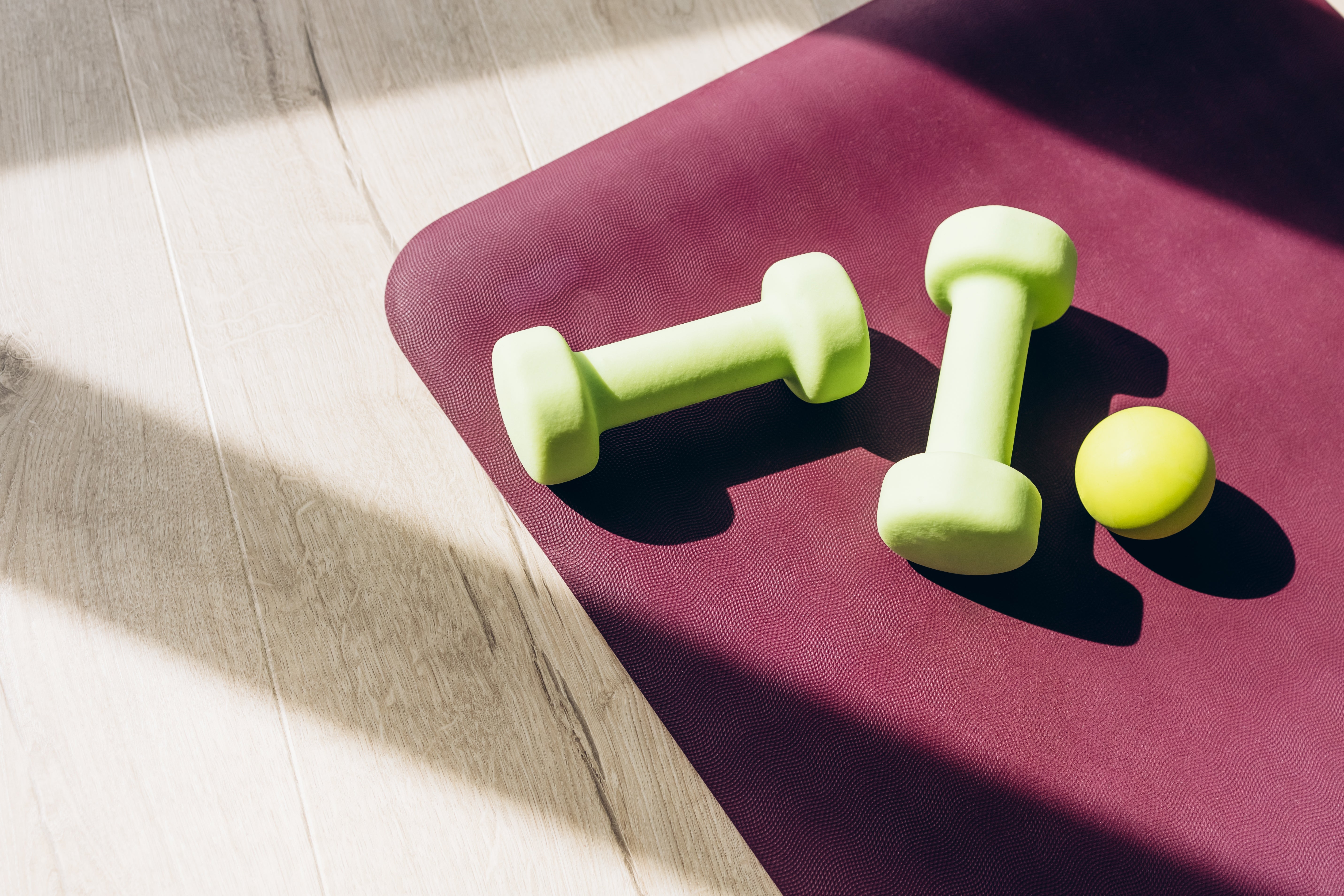 Dumbbells og en ball er på en yogamatte i sollys, noe som antyder en trenings- eller treningsinnstilling