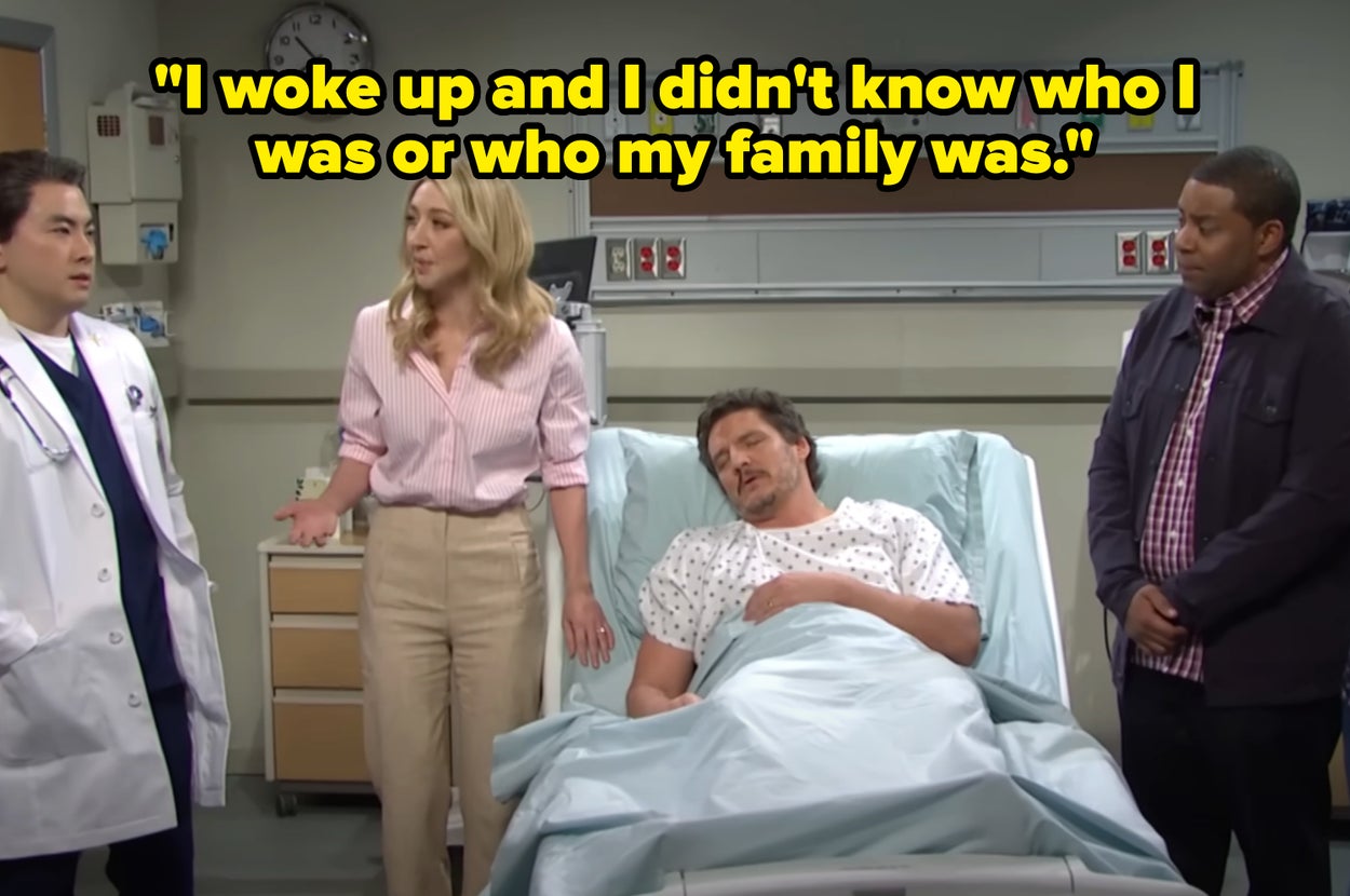 A comedy skit scene with actors portraying a doctor, patient in bed, and visitors in a hospital room setting