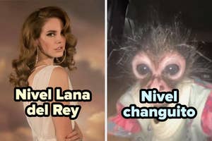 Dos imágenes comparativas: la izquierda muestra a una mujer con un arco en la cabeza, la derecha un primer plano de otra mujer. Texto: "Atractiva nivel Lana/Tay"