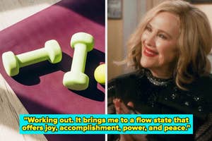 Left: Dumbbells on a mat. Right: Smiling woman in elegant attire applauds. Text overlay: Quote about working out and its benefits