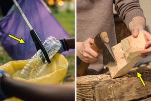 Person picking up a plastic bottle with a grabber; person carving wood with an axe