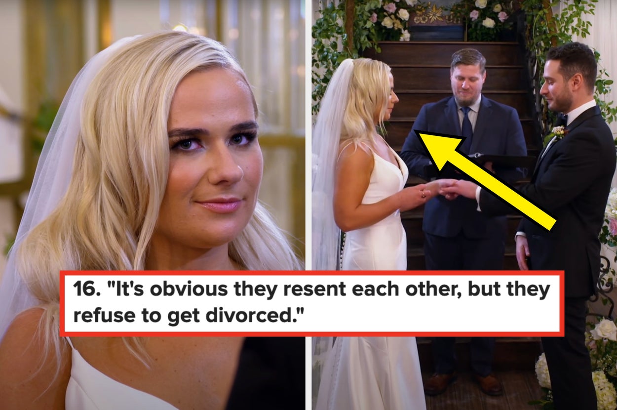 Bride in a white gown and veil exchanging rings with groom at a wedding ceremony; quote overlays, "It's obvious they resent each other, but they refuse to get divorced"