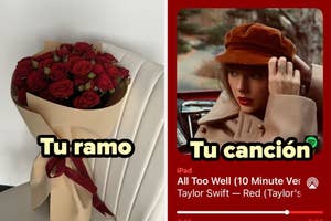 Ramo de rosas rojas en una silla junto a una captura de pantalla de "All Too Well" de Taylor Swift en Spotify. Texto: "Tu ramo, Tu canción"