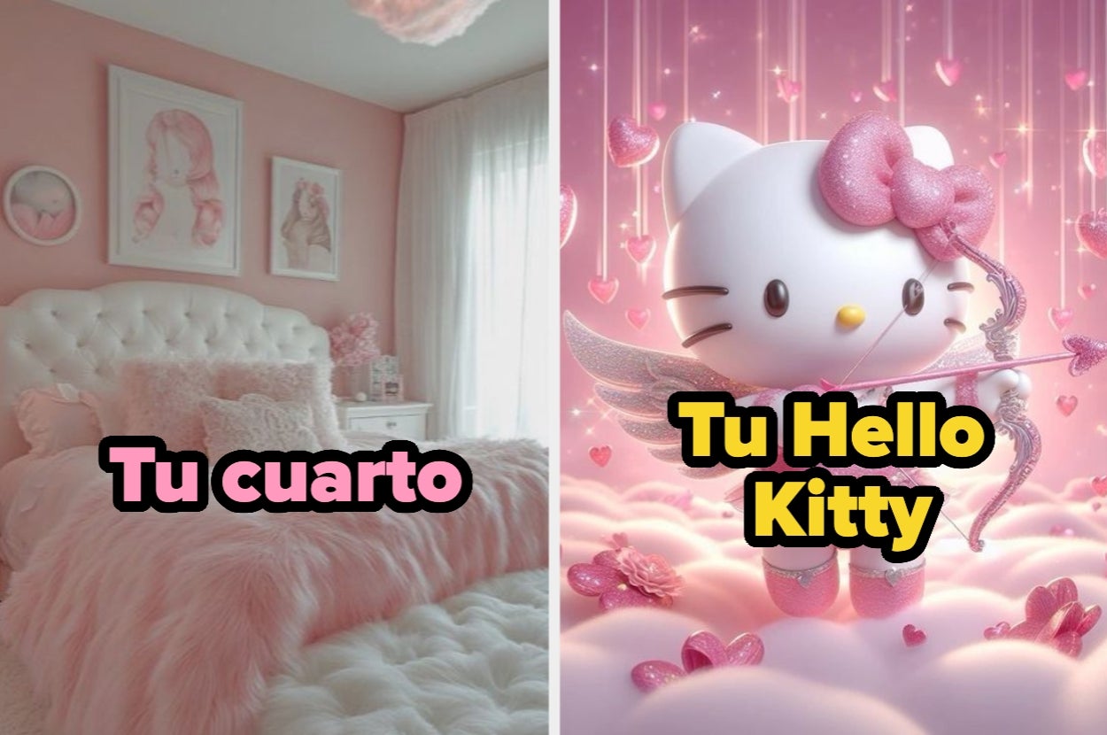 A bedroom with plush bedding on the left, and a Hello Kitty angel figure with a bow and arrow on a cloud on the right. Text: "Tu cuarto" and "Tu Hello Kitty."