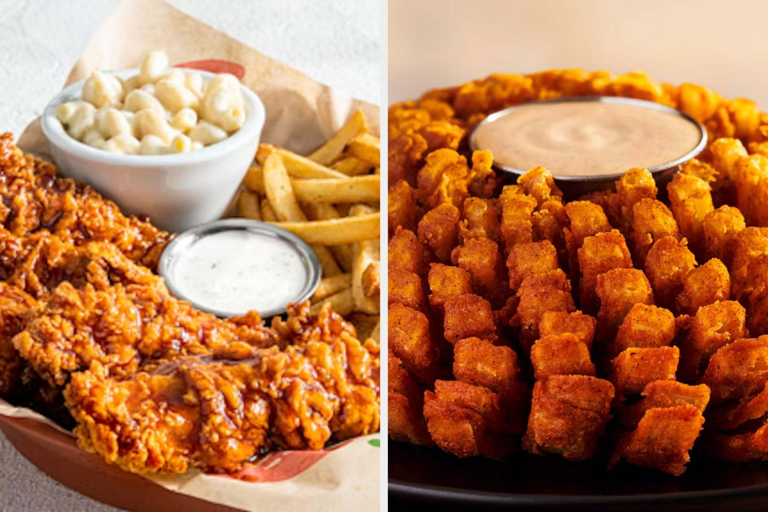 On the left, honey chipotle chicken crispers, fries, and mac and cheese from Chili's, and on the right, a blooming onion from Outback Steakhouse