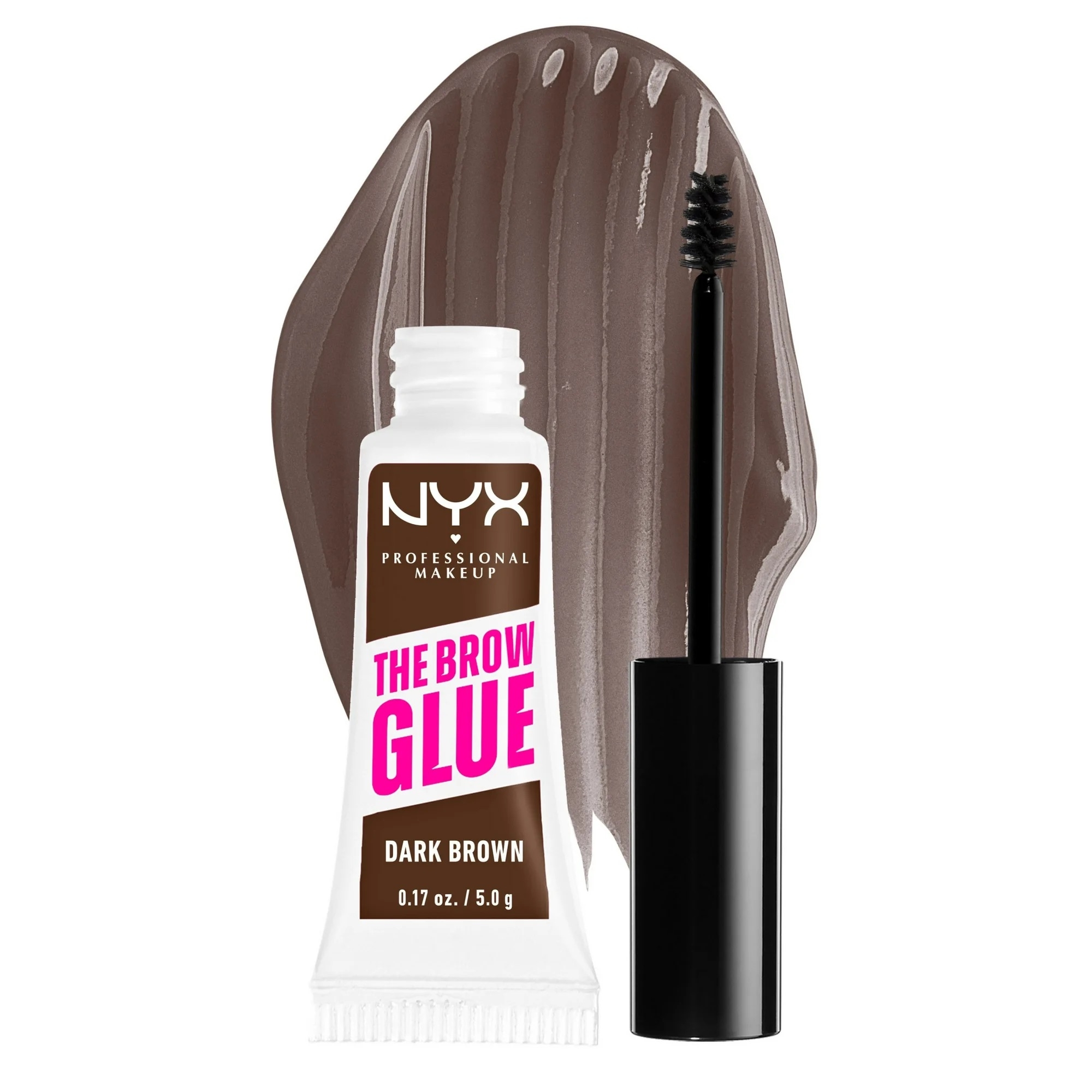 NYX Professional Makeup Brow Glue in Dark Brown, with open brush and product swatch in the background.