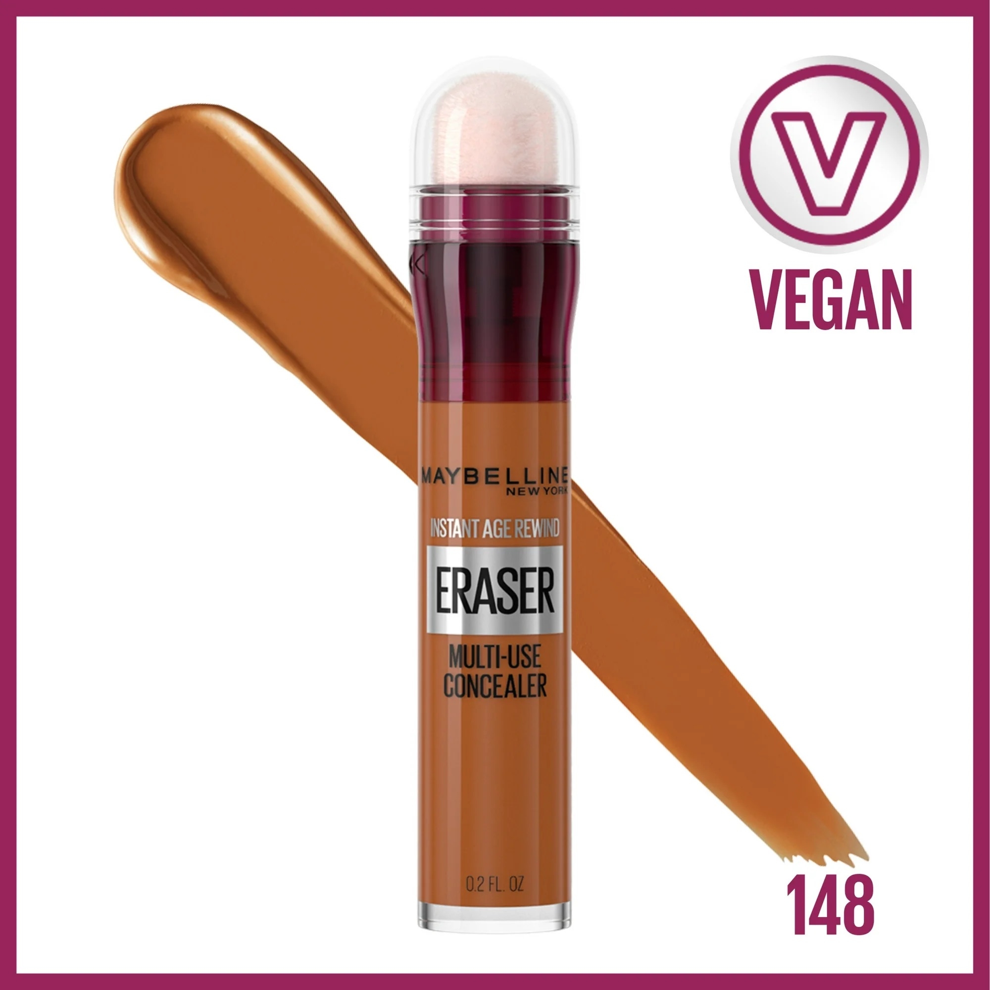 Maybelline Instant Age Rewind Eraser Multi-Use Concealer, shade 148, shown with a brush stroke. Vegan formula.