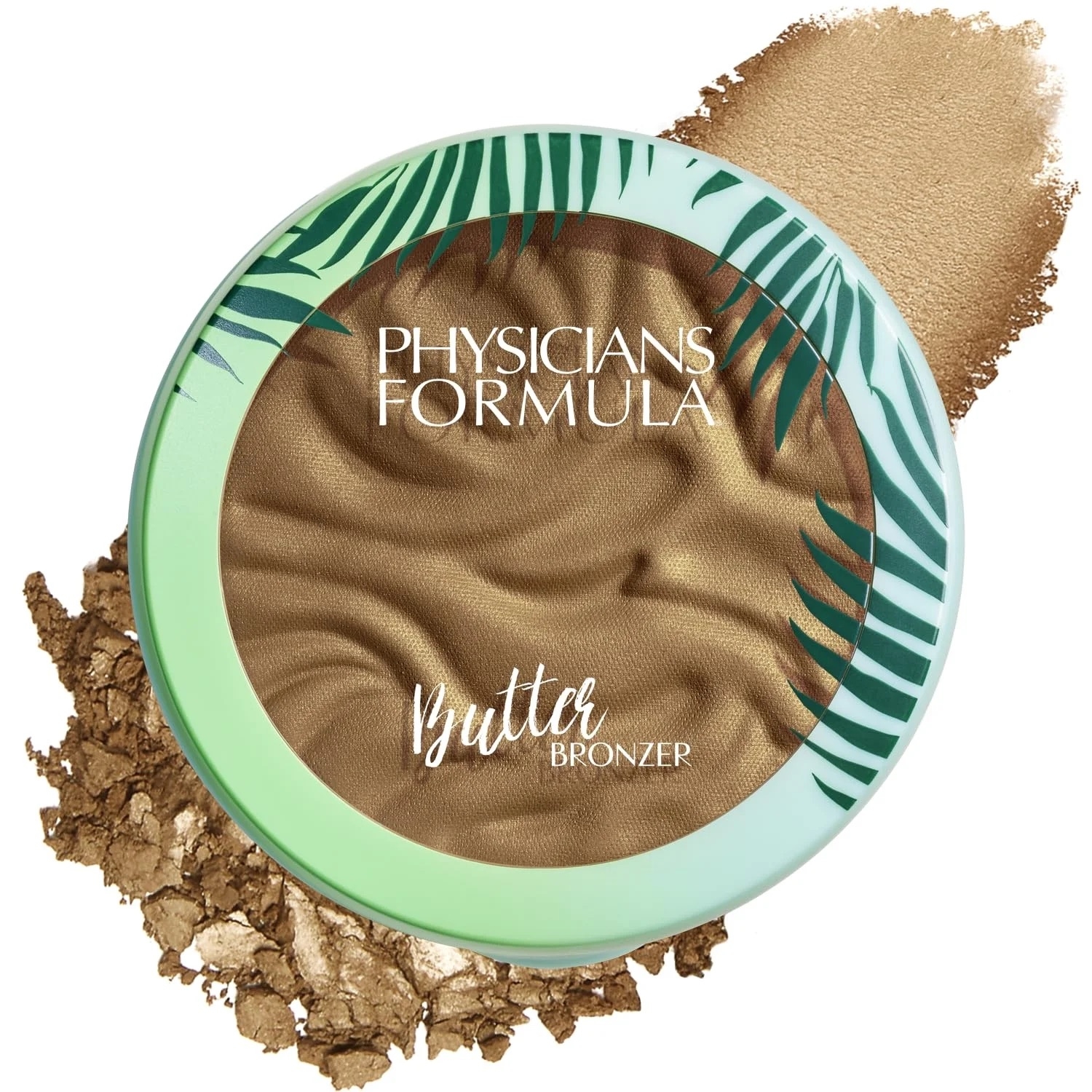 Physicians Formula Butter Bronzer with tropical leaf design on lid, shown with bronzer texture swatch.