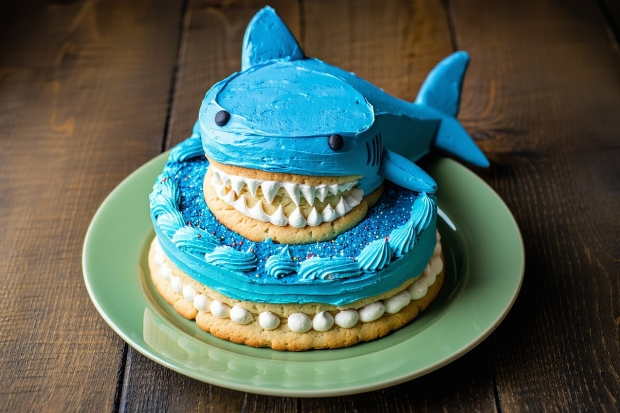 Cake shaped like a shark with detailed fins and teeth, set on a green plate