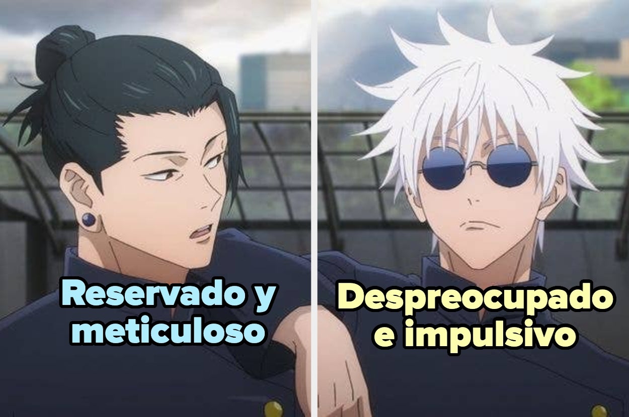 Dos personajes de anime: uno con cabello oscuro, expresión seria; otro con cabello blanco, gafas, expresión relajada. Texto: "Reservado y meticuloso" y "Despreocupado e impulsivo"