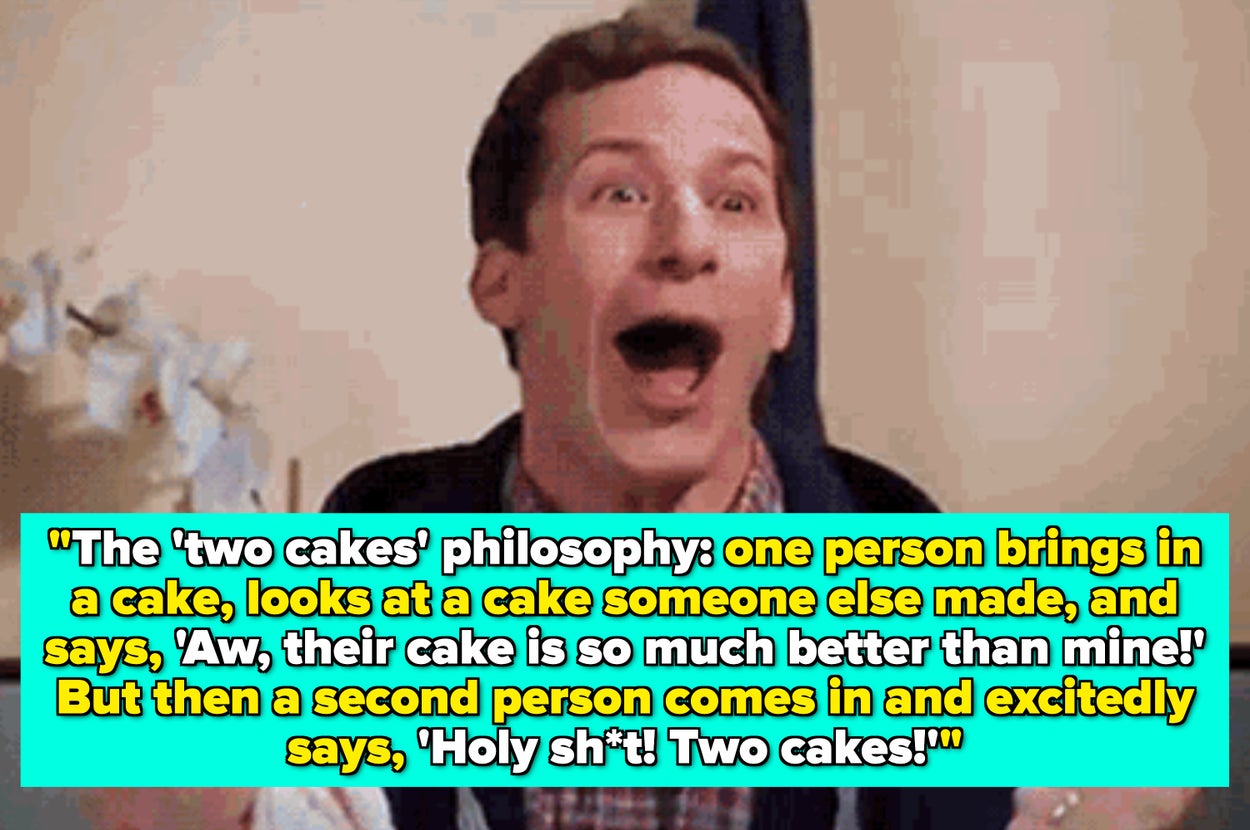 A woman speaks into a microphone, with overlaid text about the 'two cakes' philosophy emphasizing positivity and abundance
