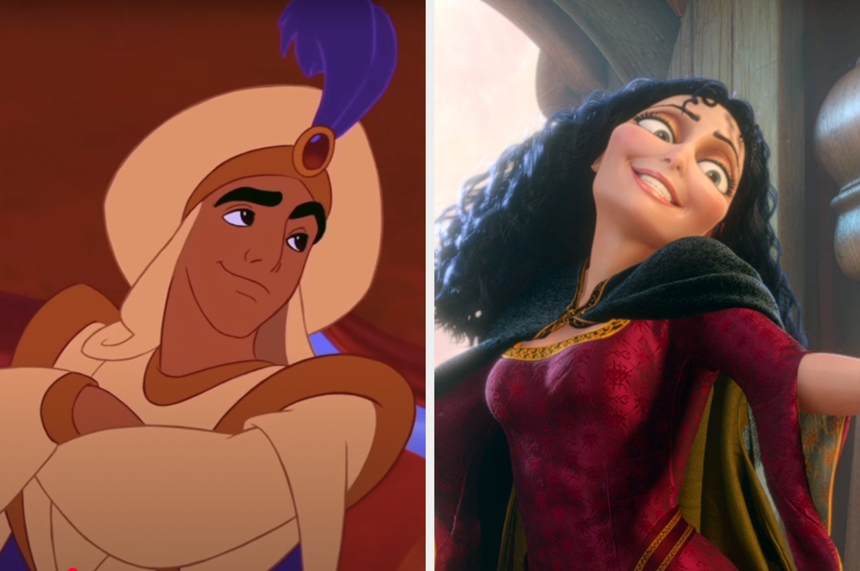 Animated characters Aladdin, wearing a turban, and Mother Gothel, in a detailed gown, from Disney movies