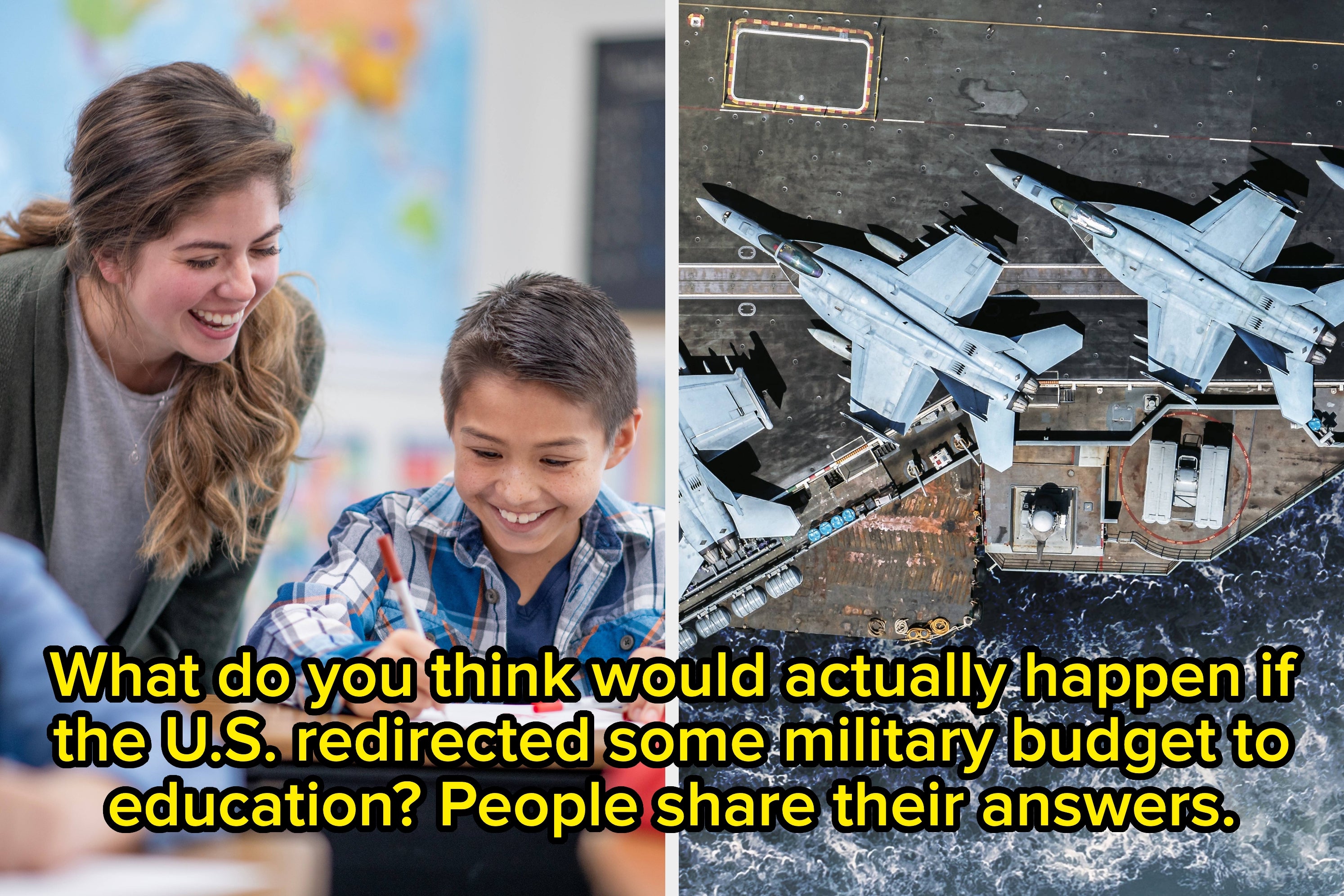 A teacher helps a smiling student at a desk; adjacent, an aerial view shows fighter jets on an aircraft carrier at sea