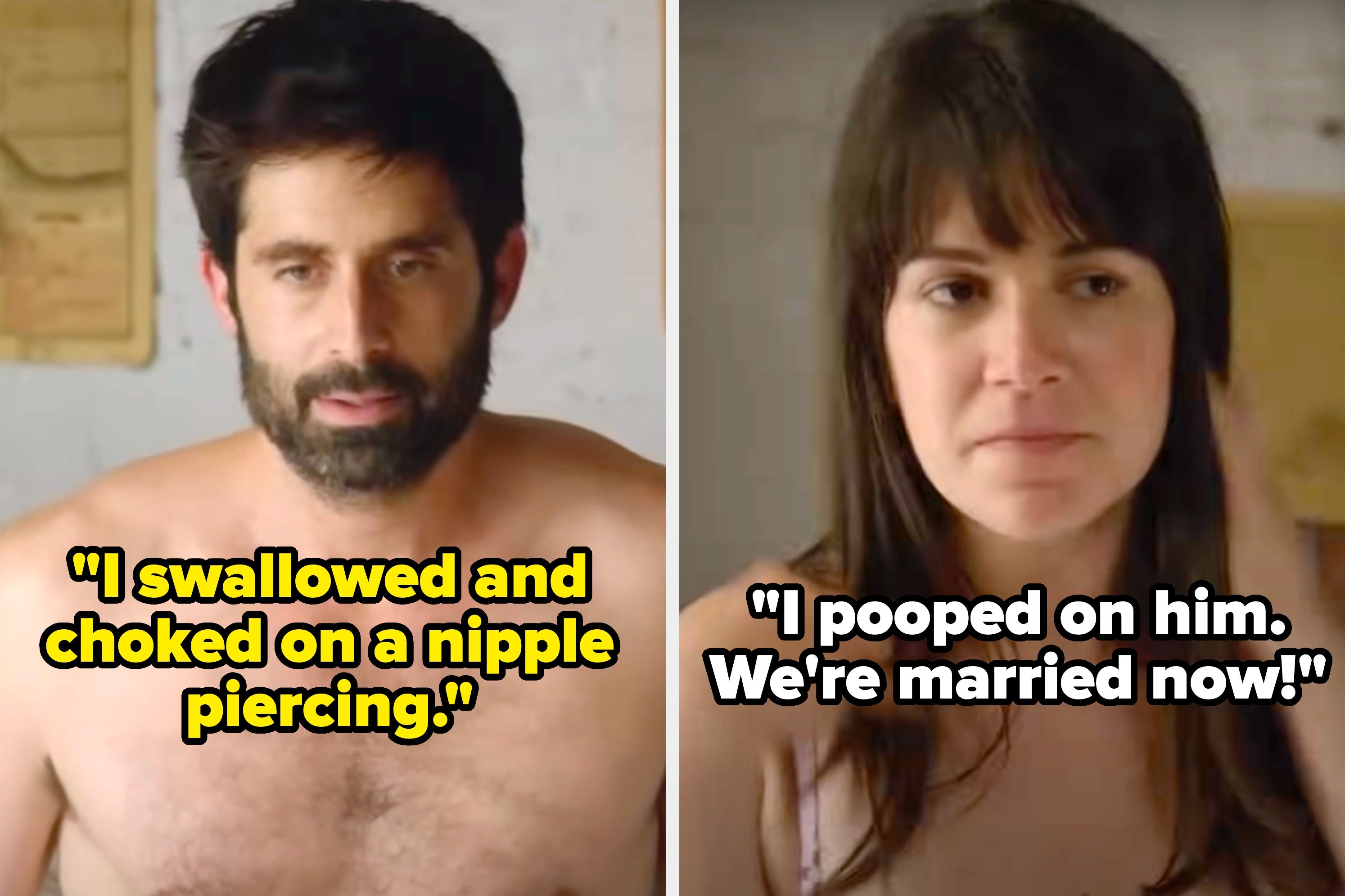 A shirtless man and a woman in undergarments appear side by side, seemingly in a casual, intimate setting