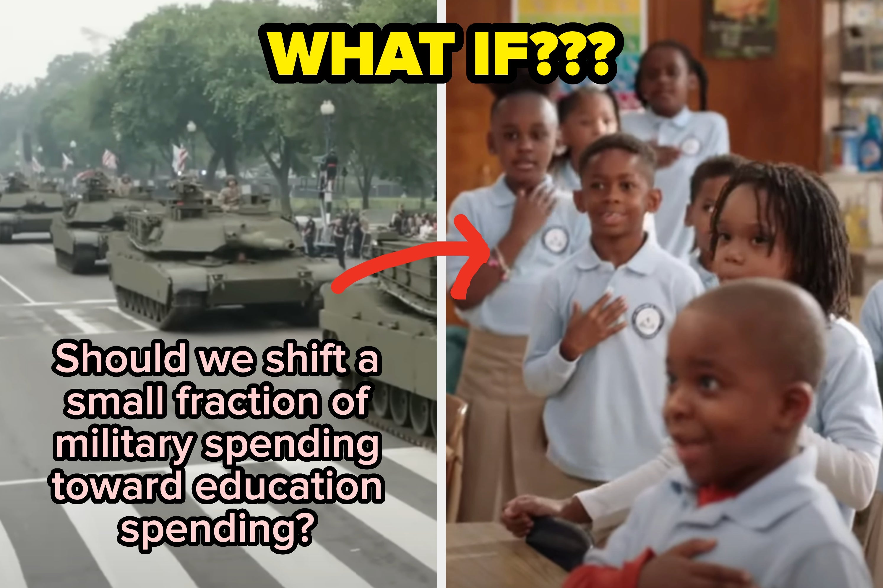 Children in school uniforms recite the Pledge of Allegiance. Tanks parade on a wide street, likely during a public or military event
