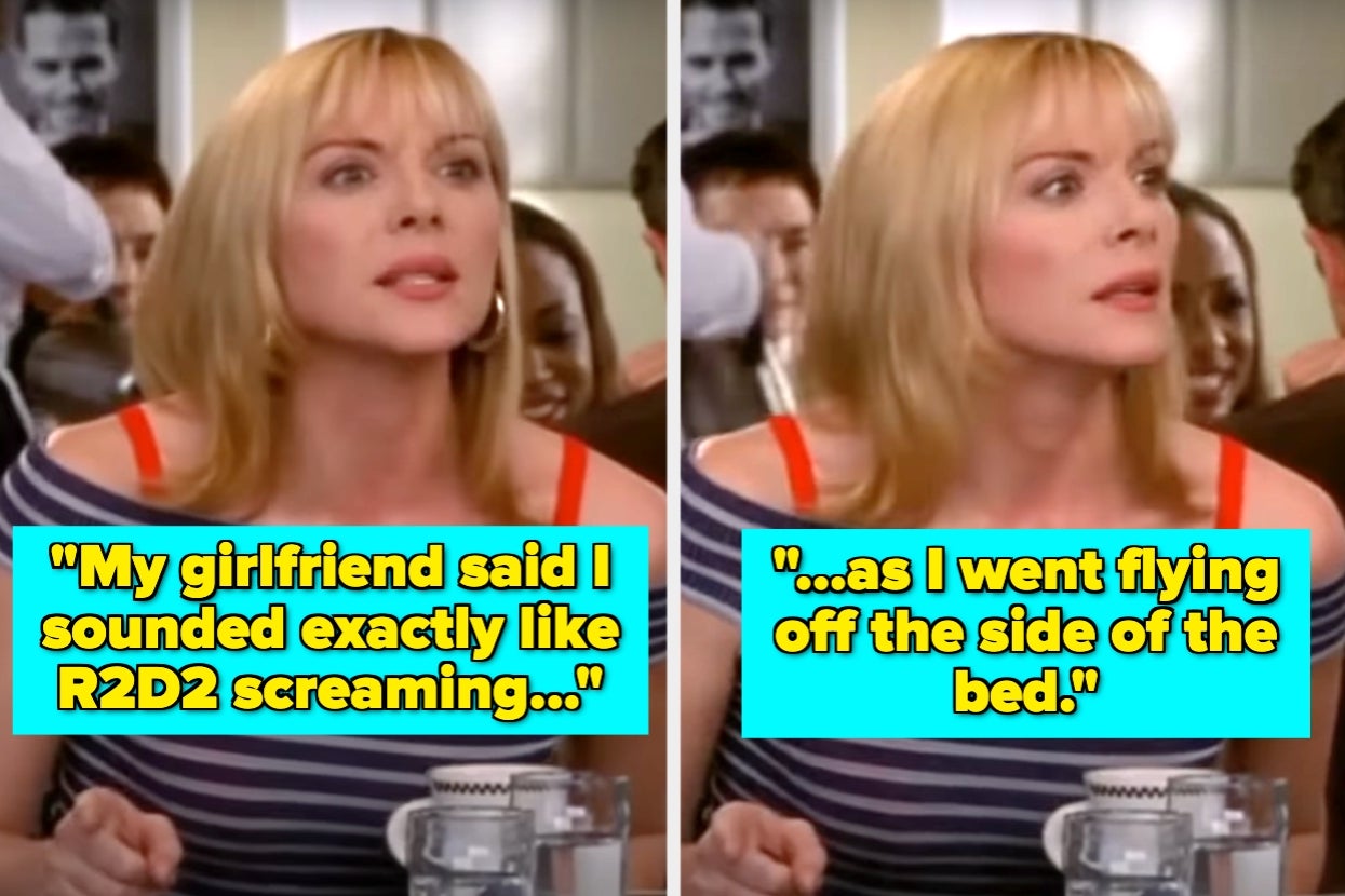 A woman at a restaurant shares a humorous story about sounding like R2D2 while falling off a bed