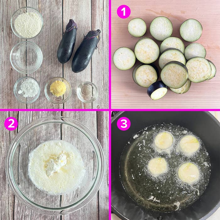 料理の手順を示す画像。ナスと他の材料、切ったナス、揚げる準備をした段階を順番に表示。
