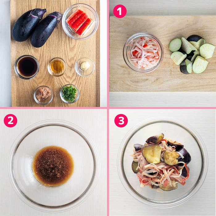 料理の手順を示す画像。1. 材料を準備。2. ソースを混ぜる。3. なすとカニカマに和える。