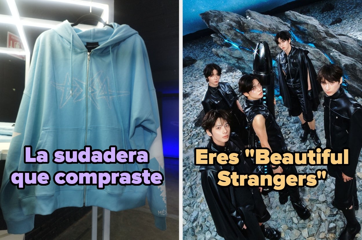 Sudadera azul con texto "La sudadera que compraste". Al lado, grupo de chicos en ropa negra futurista bajo texto "Eres 'Beautiful Strangers'"