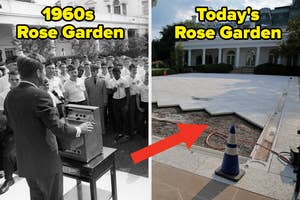 Left: 1960s political figure speaks to a crowd in a garden. Right: Modern garden setting with striped umbrellas and white furniture