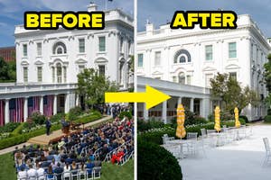 Side-by-side comparison of a crowded White House event and a serene, empty garden scene with yellow umbrellas. Text: "Before" and "After."