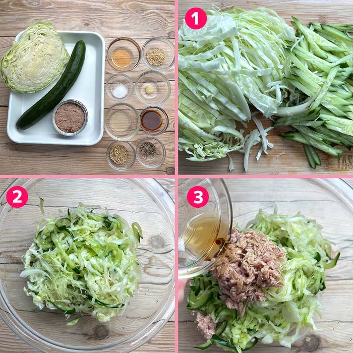 調味料と野菜を準備し、キャベツときゅうりをスライス。混ぜてドレッシングとツナを加える調理手順。