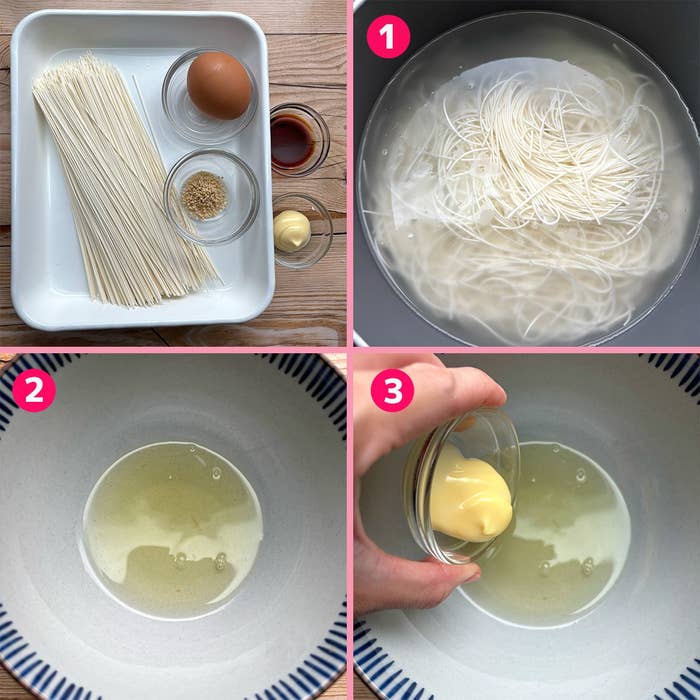 材料と調理手順のコラージュ。素麺、卵、調味料などが並んでいる。手順が1から3まで表示されている。
