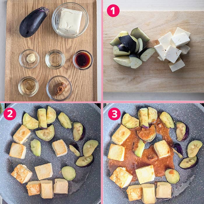 調理手順を示す写真:なすと豆腐を切る、フライパンで焼く、ソースを加える。