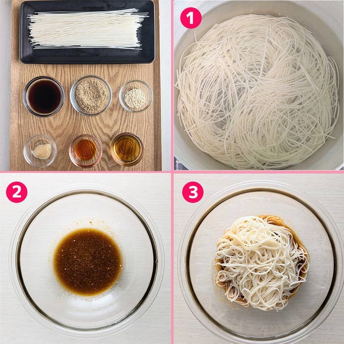 そうめんの調理工程を示す三枚の写真。1. 湯がかかったそうめん、2. 調味料の混ぜ合わせ、3. 調味料と合えたそうめん。