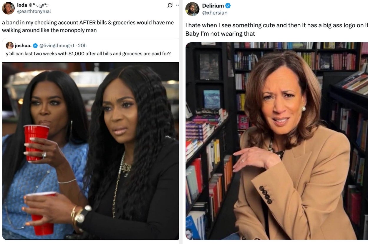 Two side-by-side images: Left shows two skeptical women holding red cups, captioned about spending $1,000. Right shows a woman gesturing, captioned about logos on clothes