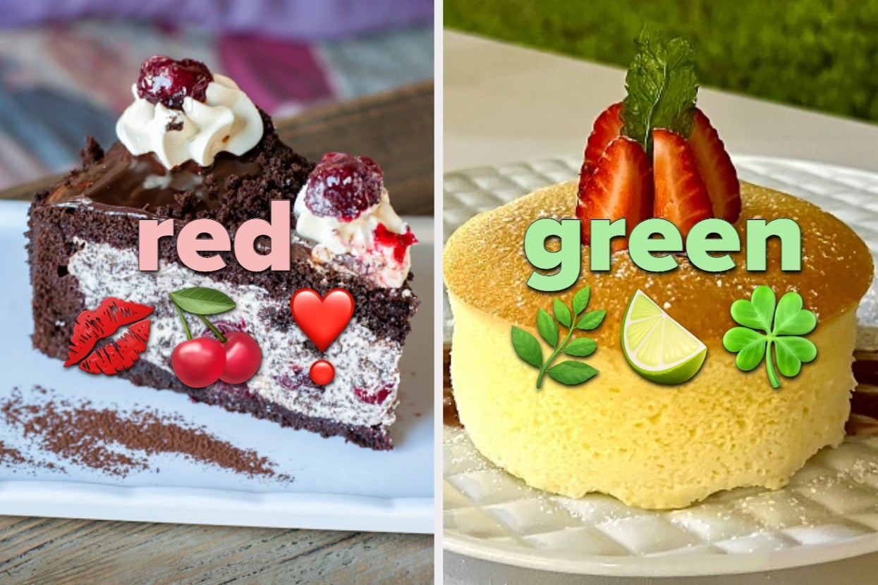 Two desserts side by side: chocolate cake with cherries on the left; fluffy cake with lime and strawberry garnish on the right. Text reads "red" and "green."