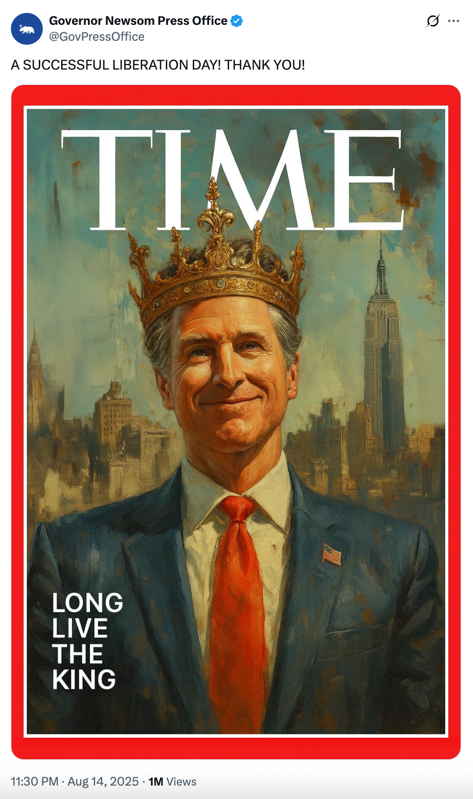 A parody TIME magazine cover features a man in a suit and crown, labeled "Long Live the King." It satirically implies a political or cultural context