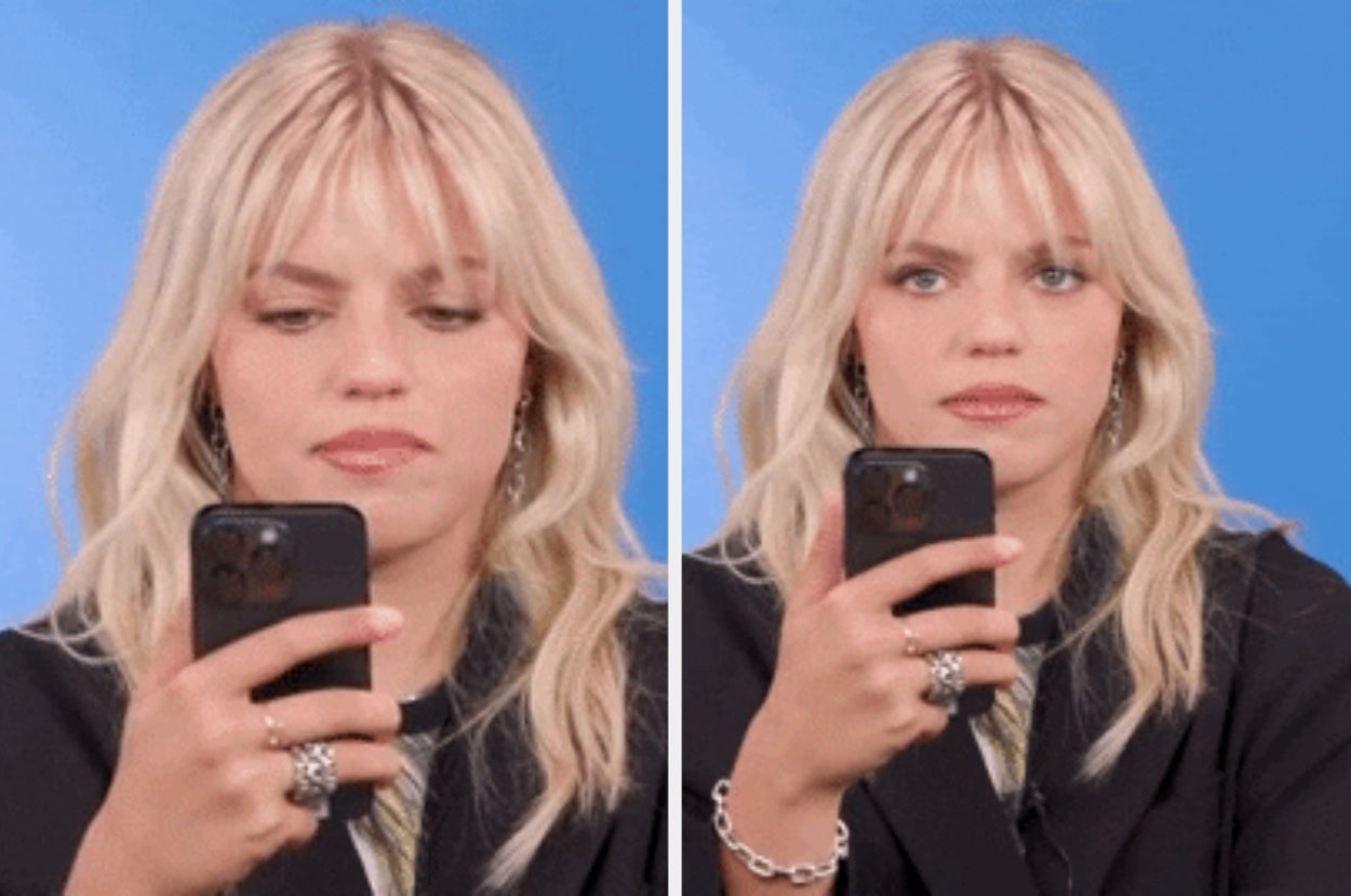 Person with long hair holding a phone, looking focused in one image and surprised in another. They're wearing a dark outfit with silver jewelry