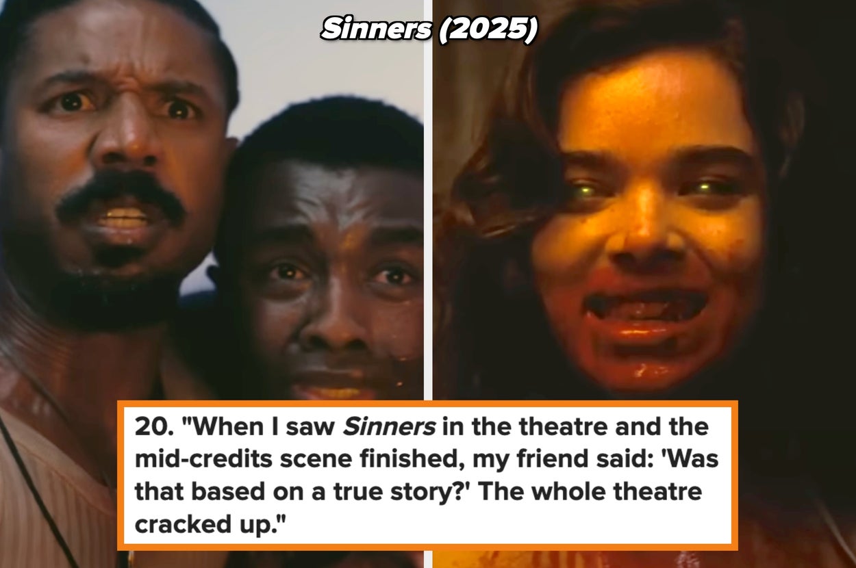 Split image from "Sinners" (2025): Left, two men look shocked; right, a woman with glowing eyes smiles. Text below shares a humorous story about a theater reaction