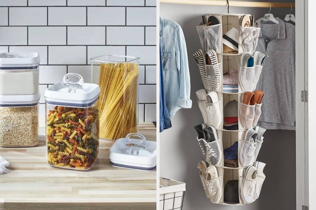 Kitchen storage containers with pasta and pantry items on the left; shoe organizer with multiple pairs of shoes on the right