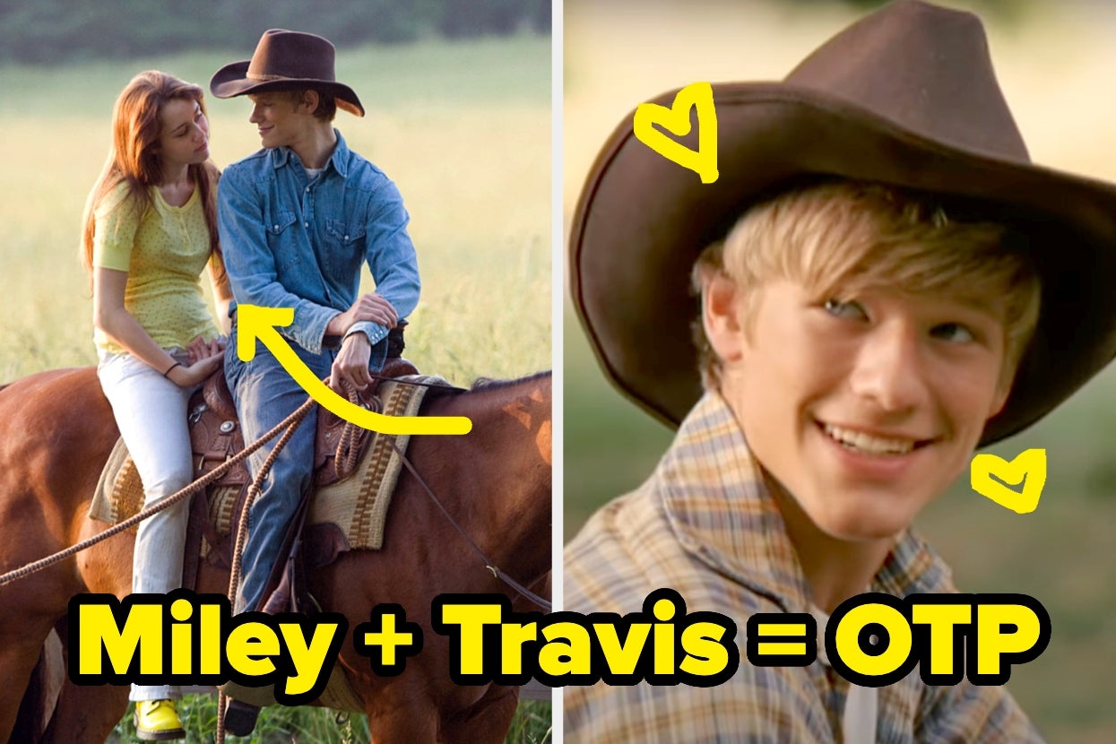 Two young people in cowboy hats enjoying a moment on horseback; text reads "Miley + Travis = OTP."