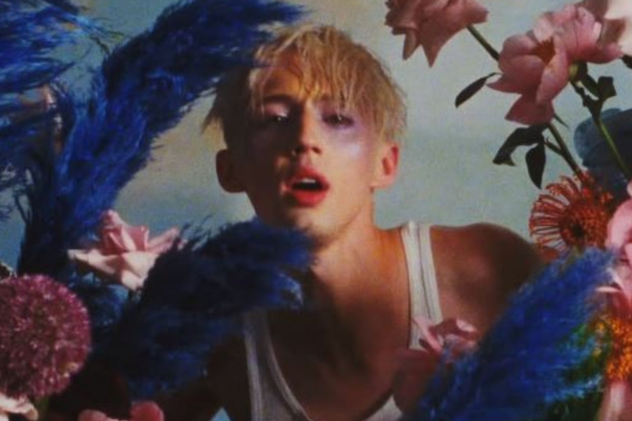 Person surrounded by vibrant flowers, wearing a white tank top, with styled hair and dramatic makeup