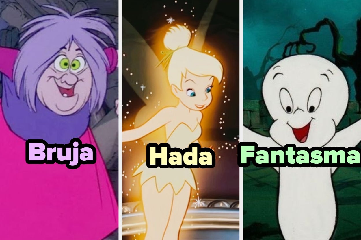 Bruja con cabello alborotado, hada con vestido brillante y fantasma amigable; etiquetas indican "Bruja", "Hada" y "Fantasma"
