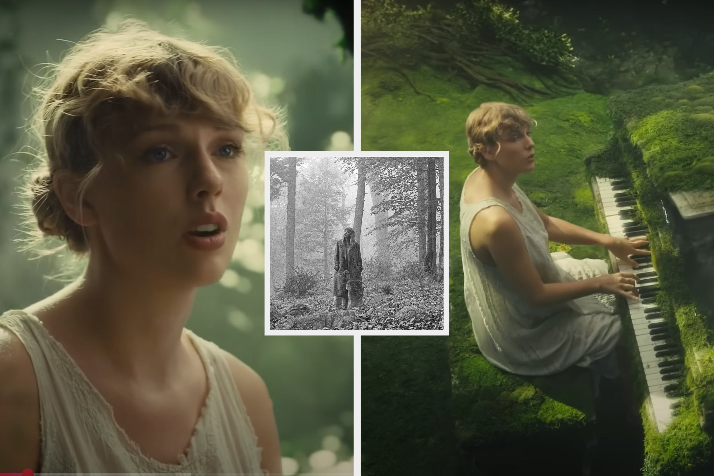 Taylor playing a moss-covered piano in a forest, wearing a light, sleeveless dress, two images, one close, one far. "Folklore" album in the middle
