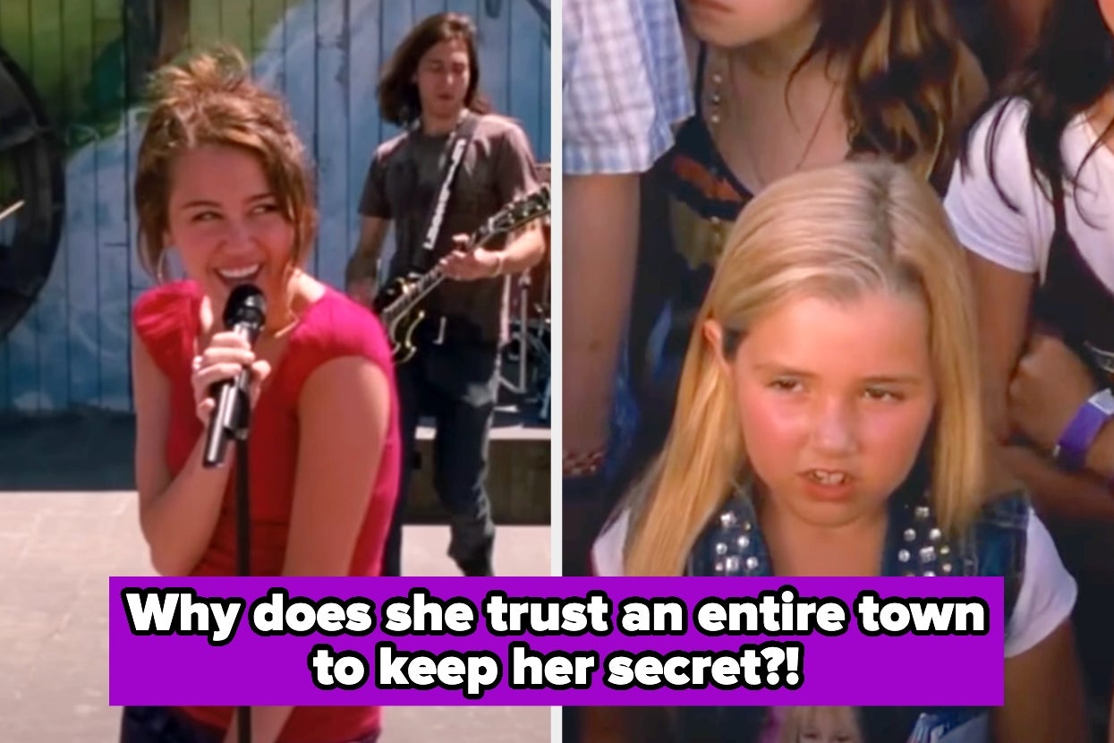 Split image: Left, person with microphone and guitarist behind. Right, young girl in crowd. Caption questions why a secret is kept by a town