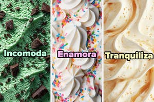 Textura de helado: menta con chispas de chocolate, vainilla con confites, caramelo suave. Palabras: "Incomoda", "Enamora", "Tranquiliza"