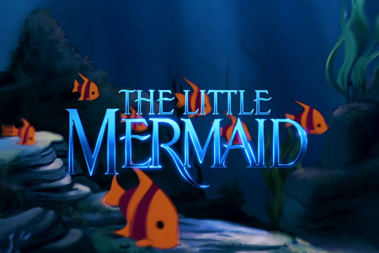 Text image: "The Little Mermaid" with animated fish and underwater scene