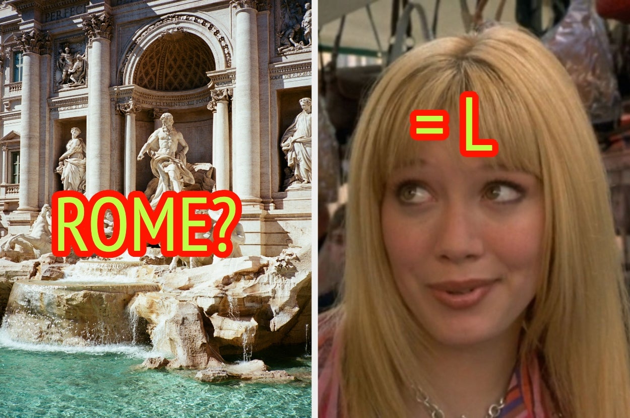 Trevi Fountain in Rome on left; person with mischievous expression on right, text overlaying with a joking reference to a movie scene