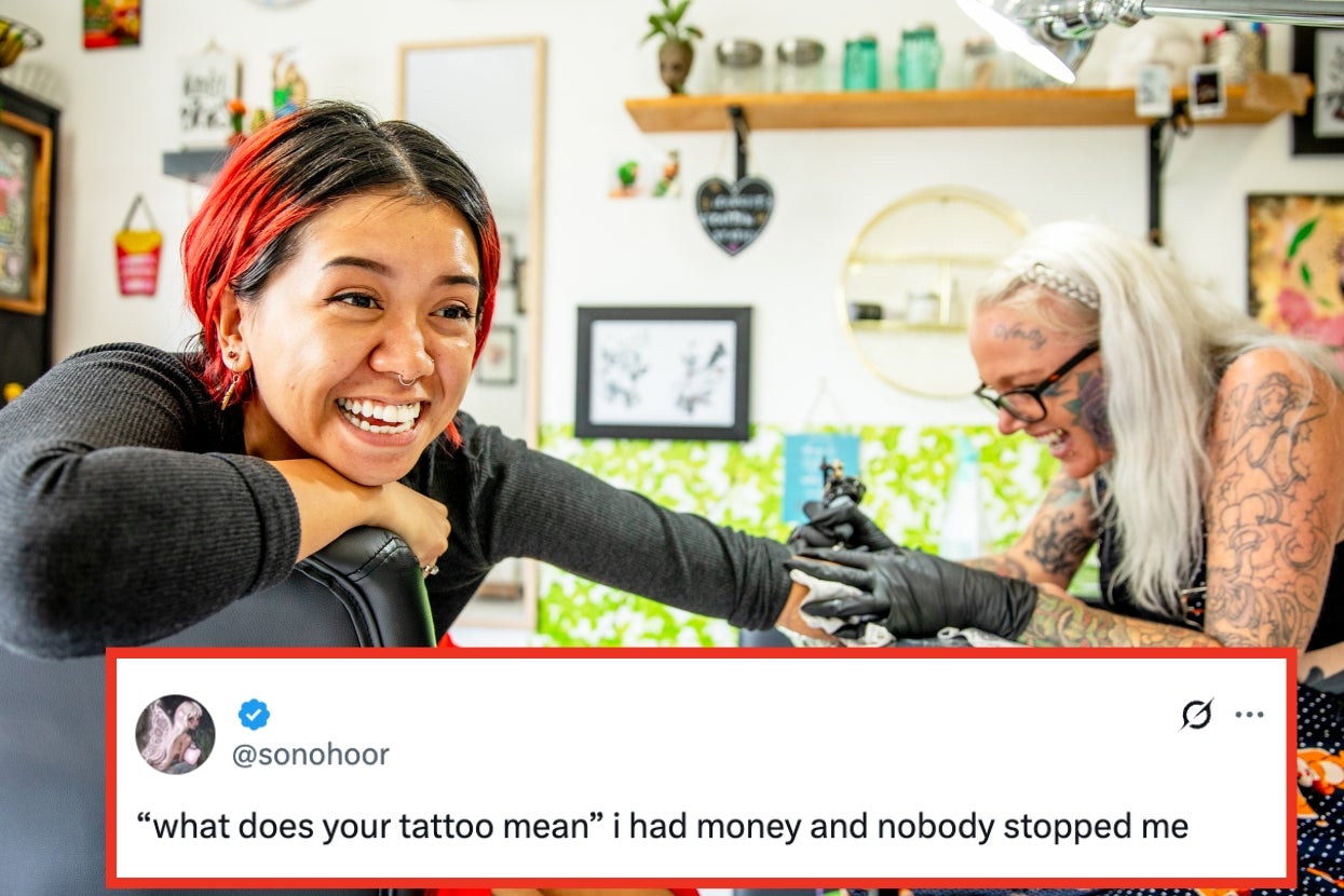 A smiling person is getting a tattoo from an artist in a studio. Overlay text reads: “what does your tattoo mean” i had money and nobody stopped me